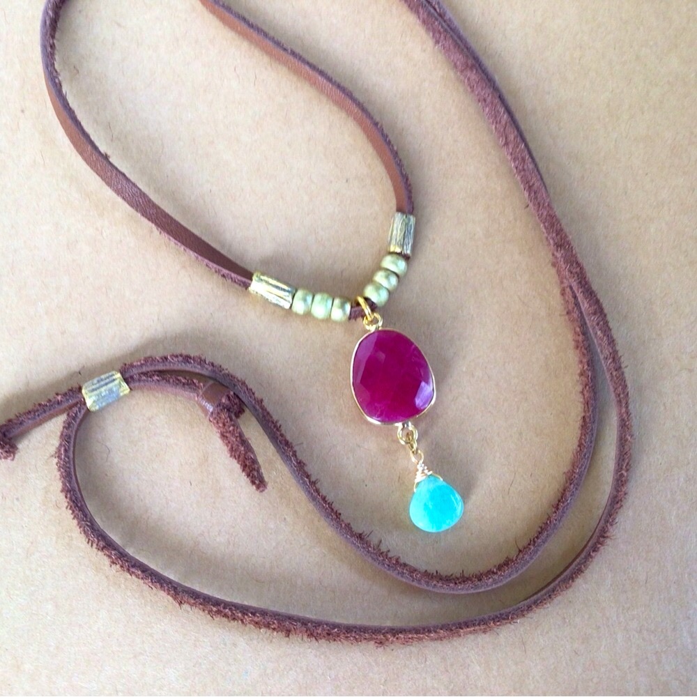 New Sundance Charm Ruby Amazonite leather suede deerskin lace cord necklace
